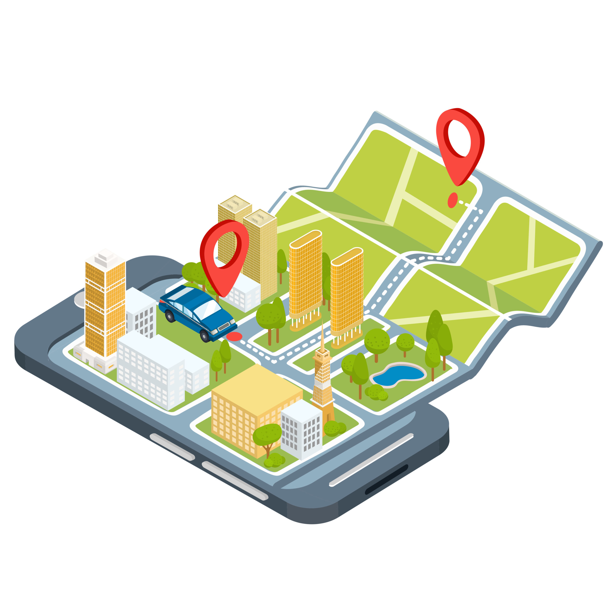Vector illustration of the concept of using the mobile application of the global positioning system. Vector illustration of the concept using the mobile application of the global positioning system. Image of a smartphone with a paper map unfolded from it with location symbols, 3D houses, cars, trees